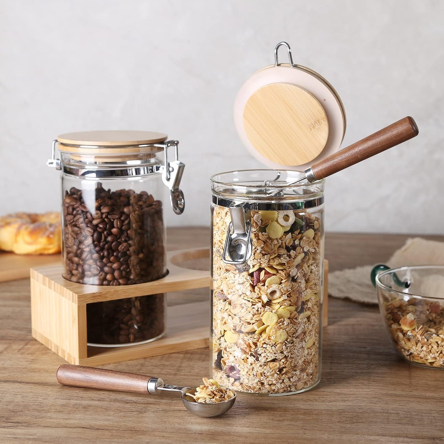 KKC Glass Coffee and Sugar Containers with Airtight Hinged Lids,Sealed Glass Jar Canisters with Scoops for Ground Coffee,Beans,Loose Leaf Tea,Nuts,Matcha,40 Fl oz