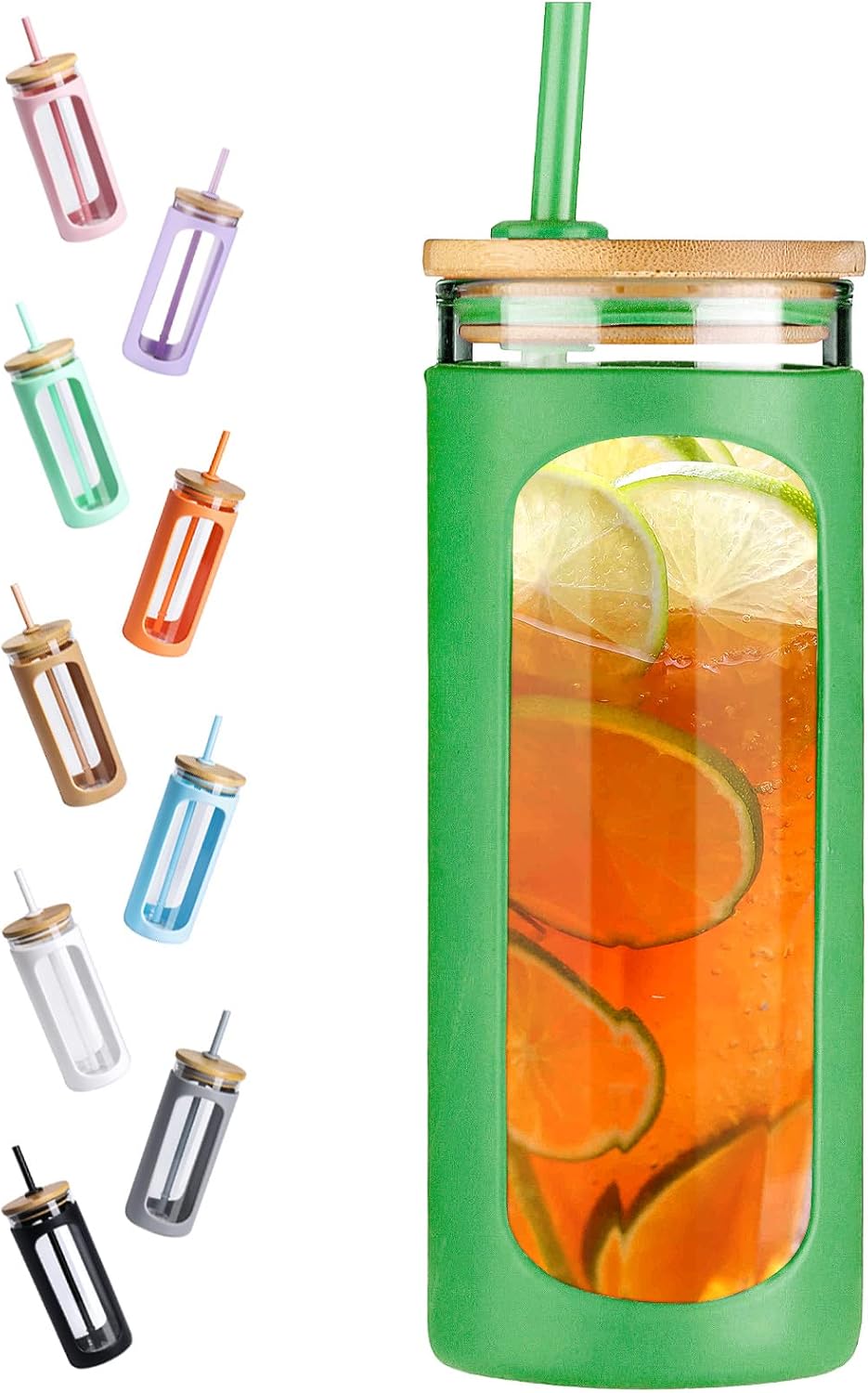 Kodrine 20oz Glass Tumbler with Straw and Lid, Iced Coffee Cups with Bamboo Lids, Glass Cups for Cold Drinks, Smoothie Cup with Silicone Sleeve for Travel, Work, BPA FREE-SpringGreen