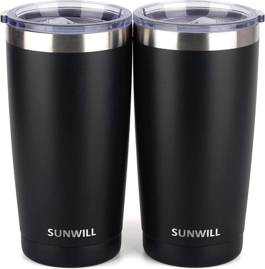 SUNWILL Travel Coffee Mug with Lid, 20 oz Tumbler Set of 2, Insulated Stainless Steel Cup for Water, Tea, Ice, Powder Coated Black 2 pack