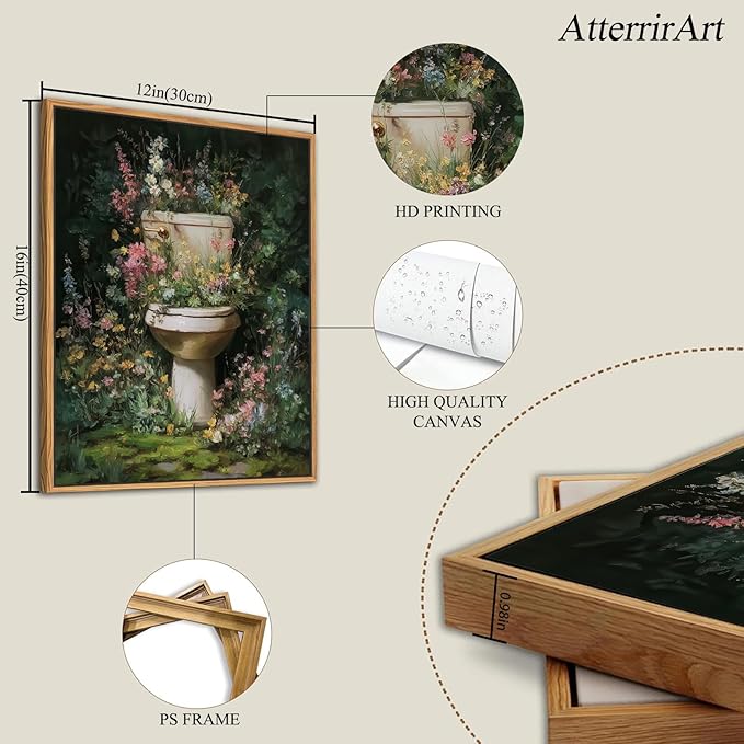 AtterrirArt Framed Funny Bathroom Wall Art, 12 * 16inch, Vintage Toilet Bowl - Image 4