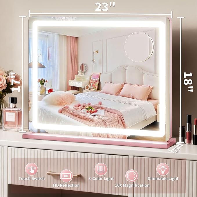 ROLOVE Pink Makeup Mirror with Lights, 23x18 Inch - Image 3