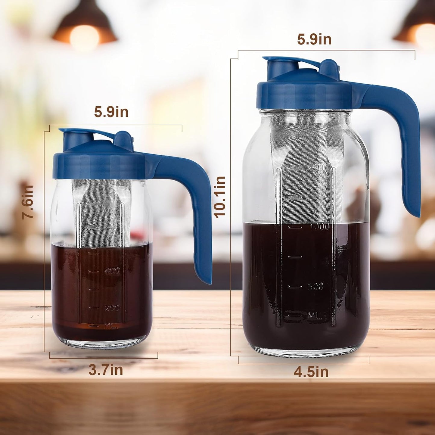 Cold Brew Coffee Maker Pitcher,32 Oz Glass Mason Jar Pitcher with V-shaped Pour Spout Handle Lid,Stainless Steel Filter for Iced Coffee,Iced tea,Breast Milk,Fruit Drinks,lemonade-Blue
