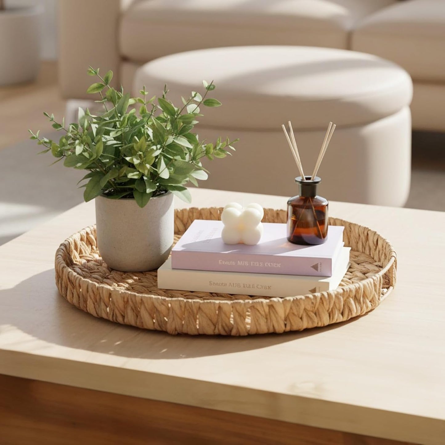 Round Ottoman Tray Large Wicker Serving Tray with Handles for Coffee Table, 16 Inch Handwoven Natural Water Hyacinth Tray