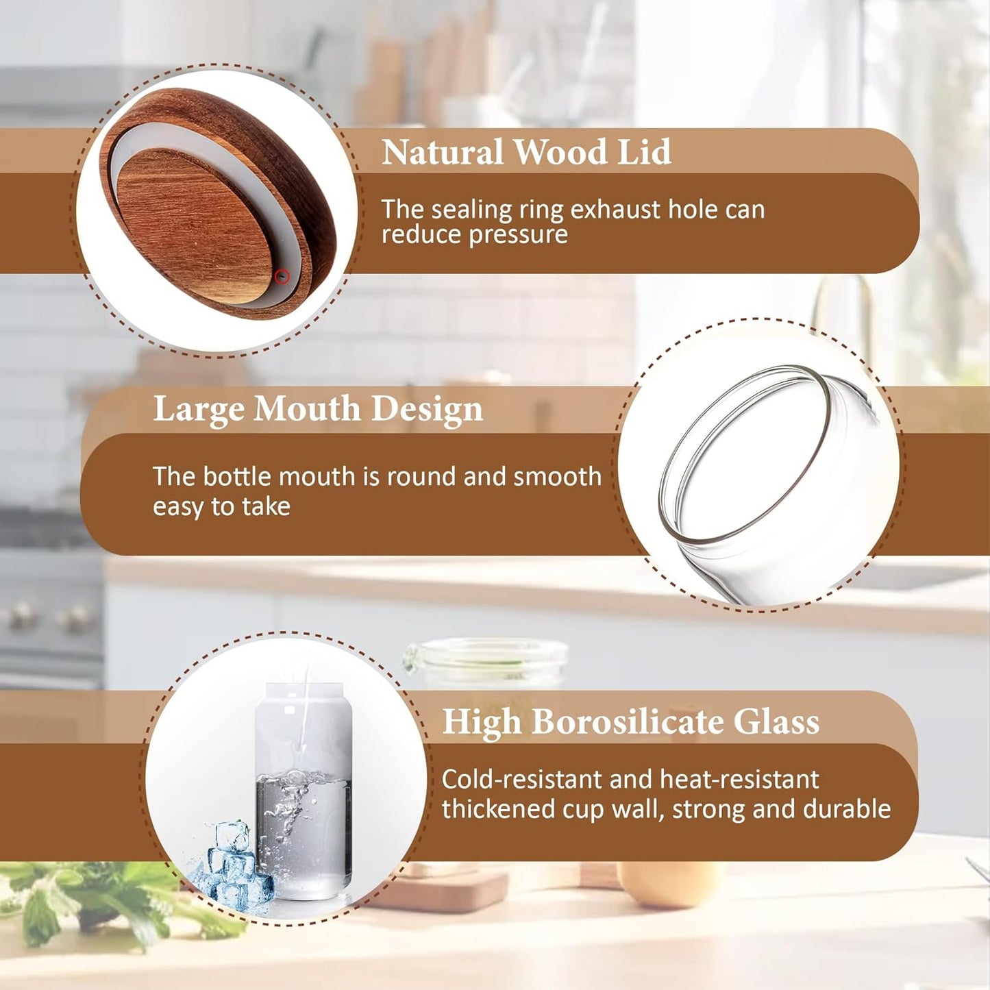 720ML/24Oz Clear Cute Glass Storage Canister Holder with Stackable Airtight Wood Lid, Modern Decorative Container Jar for Coffee, Spice, Candy, Salt, Cookie, Condiment, Pepper, Sugar