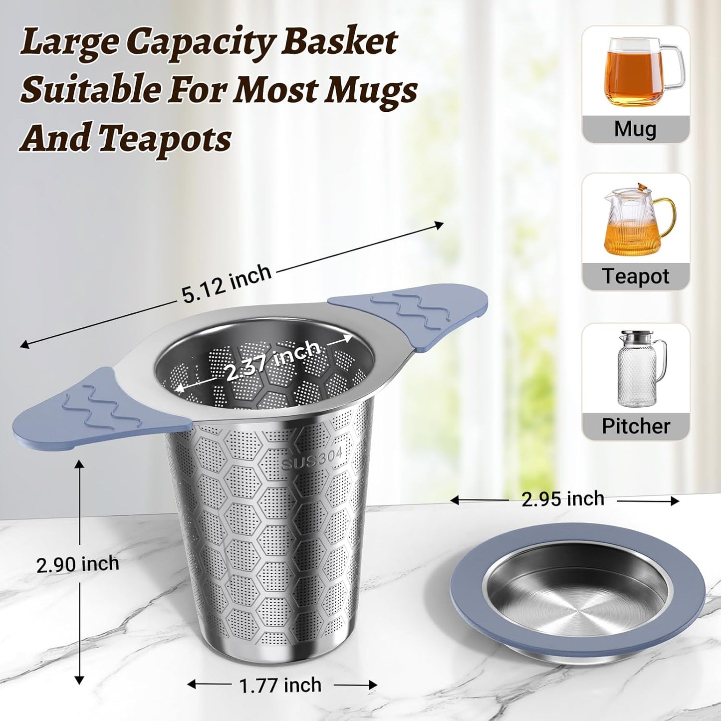Tea Infuser for Loose Leaf Tea,Stainless Steel Tea Infuser with Heat Proof Silicone Handles,Extra Fine Mesh Tea Strainers Filter Fine Tea Leaves Effectively,Fits TeaPots/Mugs