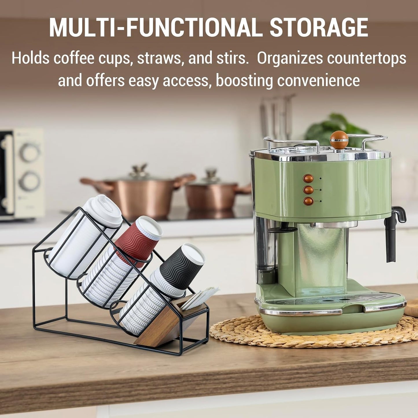 MyGift Industrial Matte Black Metal Wire & Acacia Wood Countertop Disposable Coffee Cup Organizer – Holder Rack for Cups, Lids, Straws, and Stirrers