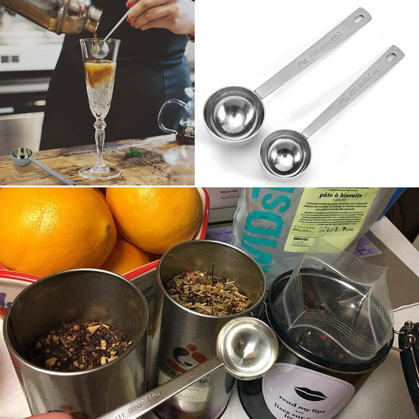 2 Pack Coffee Scoop, Tablespoon measure spoon contains 1 tablespoon (15ml) and 2 tablespoons (30ml), Stainless steel long handle coffee spoon silver