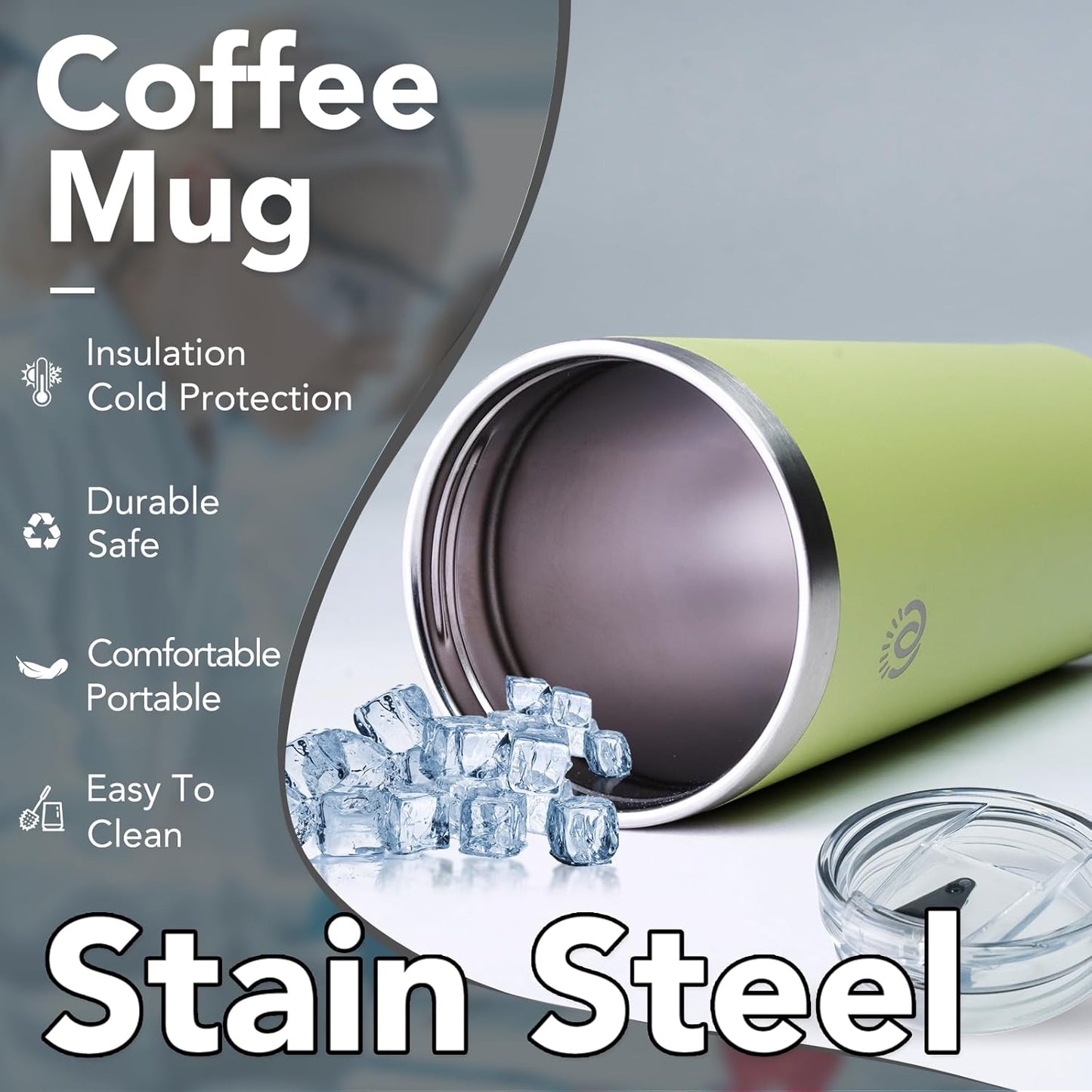 Insulated Coffee Mug with Lid, Reusable Stainless Steel Travel Coffee Cup, 16 Oz Double Wall Vacuum Spill Proof Tumbler Cups for Men and Women Hot & Cold Drinks（Olive）