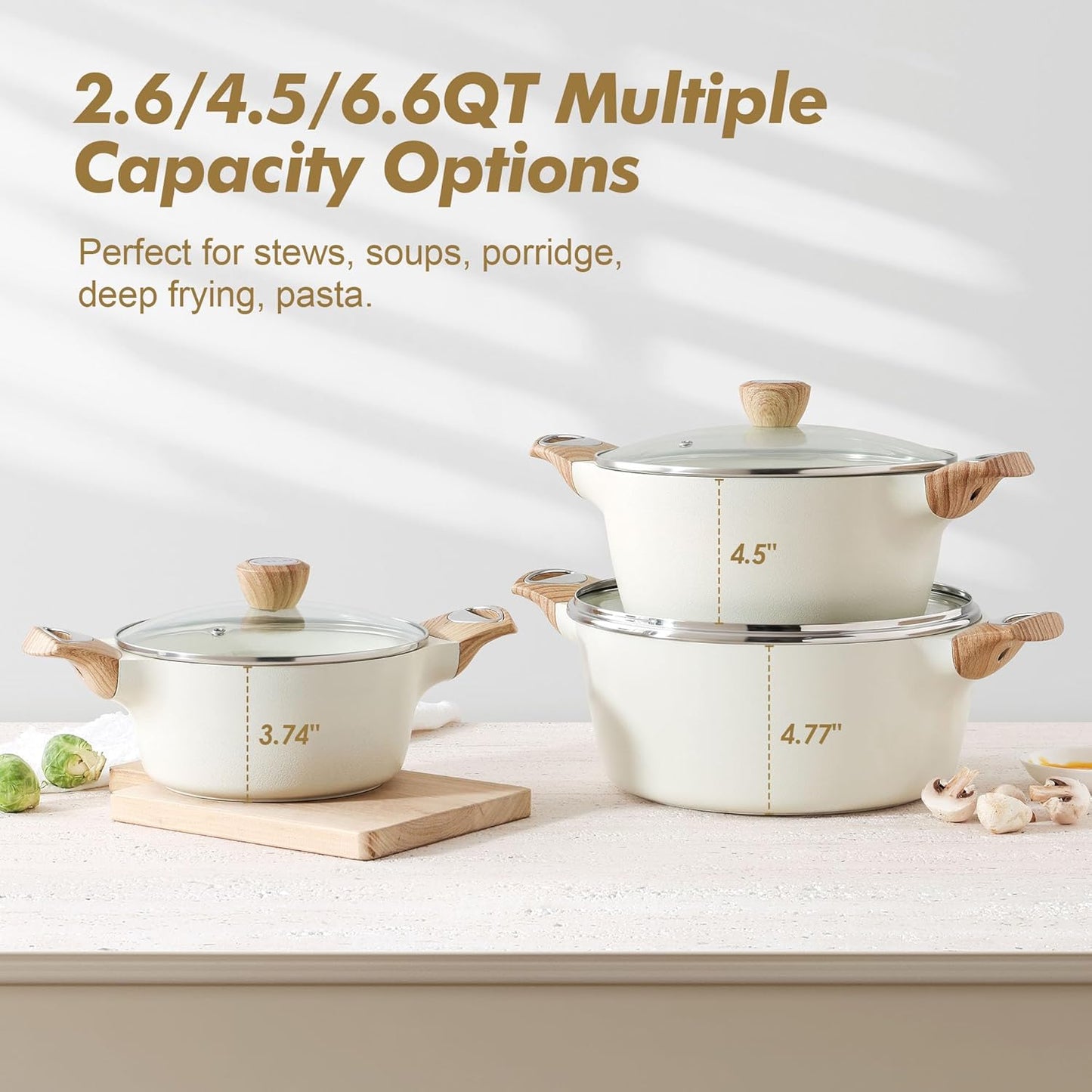 SENSARTE Ceramic Nonstick Stock Pot with Lid, 2.6/4.5/6.6 QT Soup Pot Casserole Pot, Non-toxic Healthy Pasta Pot, Large Cooking Pot Stew Pot, Induction Compatible, PFOA PFAS PTFE Free, White