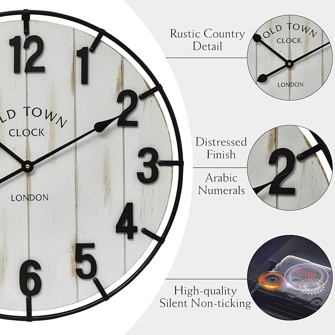 Large Old Town Farmhouse Wall Clock – 24 Inches Rustic Antique Wood - Image 5