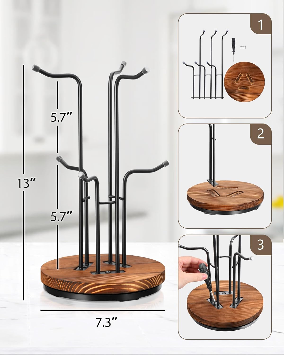 HULISEN 360° Rotating Mug Tree for Large Cups, Counter Coffee Mug Holder with 6 Hooks, Metal Coffee Cup Rack Stand for Countertop with Stable Wooden Base, Kitchen Counter Decor