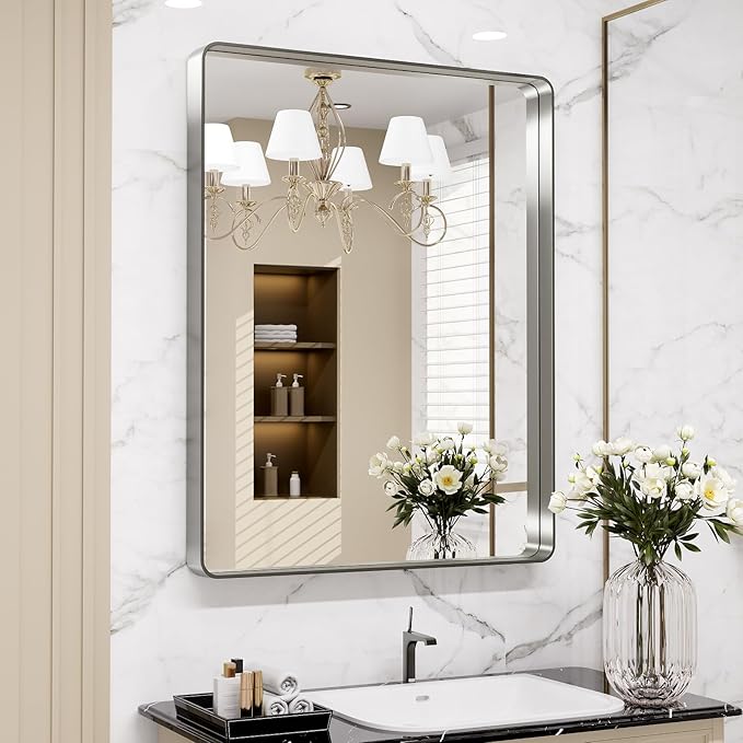 LOAAO 24X30 Inch Brushed Nickel Bathroom Mirror, Rounded Rectangle Silver Metal by LOAAO