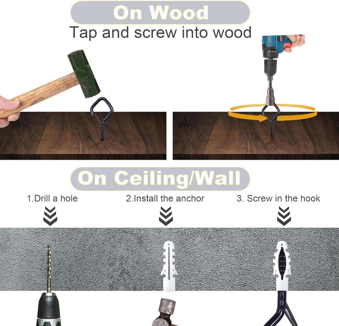 20PCS Eye Screw Hooks for Hanging Heavy Duty with Safety Buckle.Metal Ceiling Hooks for Hanging Plants,Cup,Wind Chime,Bird Feeders,String Lights at Indoor&Outdoor,2.36 Inch(No Drill Bit)