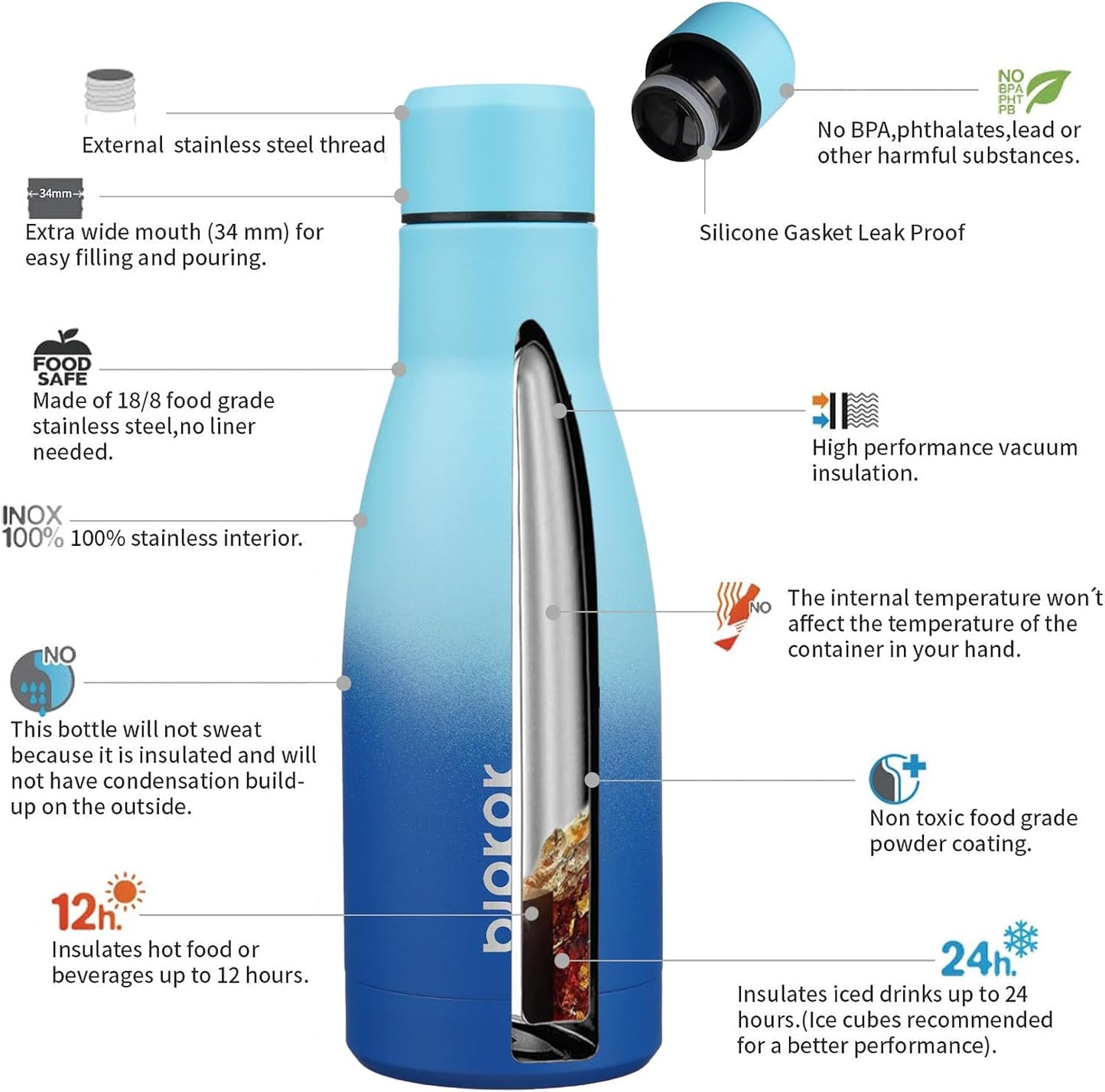 BJPKPK 12oz Water Bottles Stainless Steel Double Wall Vacuum Insulated Small Water Bottles for Travel,Sky