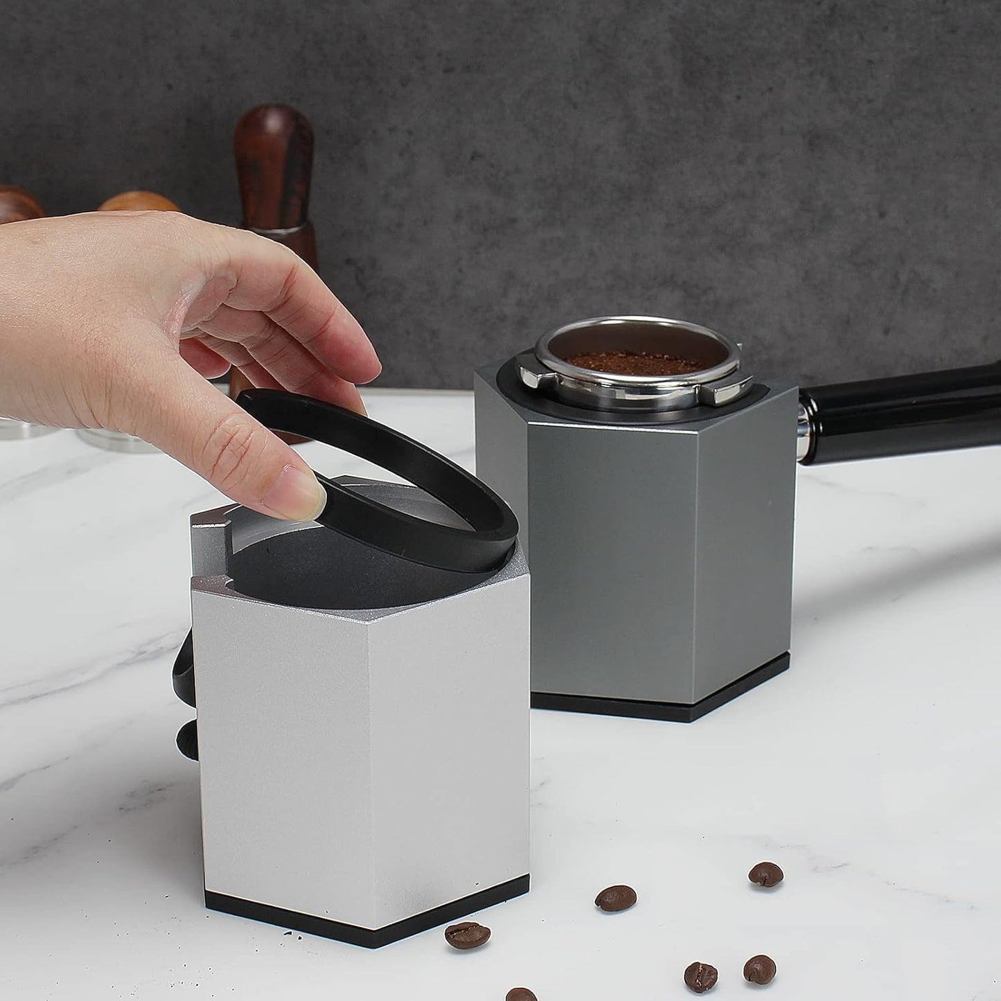 DIBTSA Espresso Tamping Station, Coffee Portafilter Holder, Aluminum Alloy Stand for Most 51mm, 53mm, 54mm, 58mm Coffee Portafilter (Hexagon,Silver)