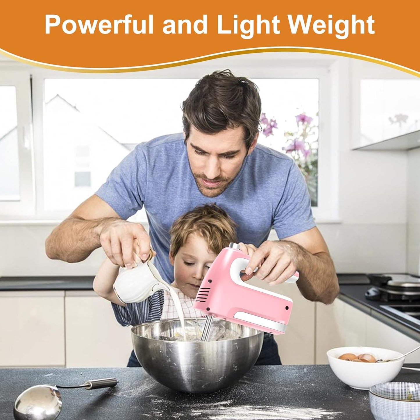 CBQ Hand Mixer Electric, 5-Speed 400W Powerful Motor, Hand Mixer Electric Handheld with Storage Case, Turbo Boost and 5x Accessories, Flat Beaters, Dough Hooks, Whisk (Pink)