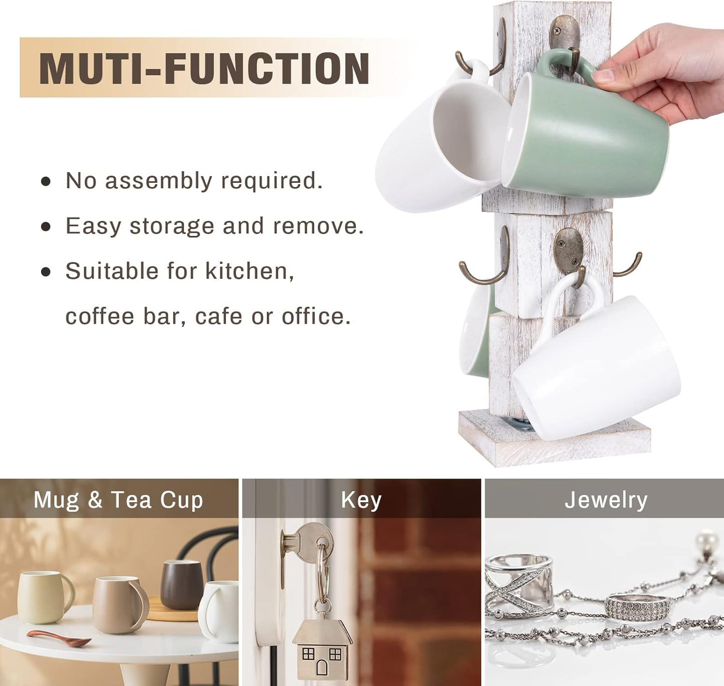 Rotated Coffee Mug Holder Tree with 360 Degree Turn, Rustic Wood Mug Tree Stand with 8 Hooks, Farmhouse Coffee Cup Holder for Counter, Mug Hanger for Kitchen Organizer, Farmhouse White