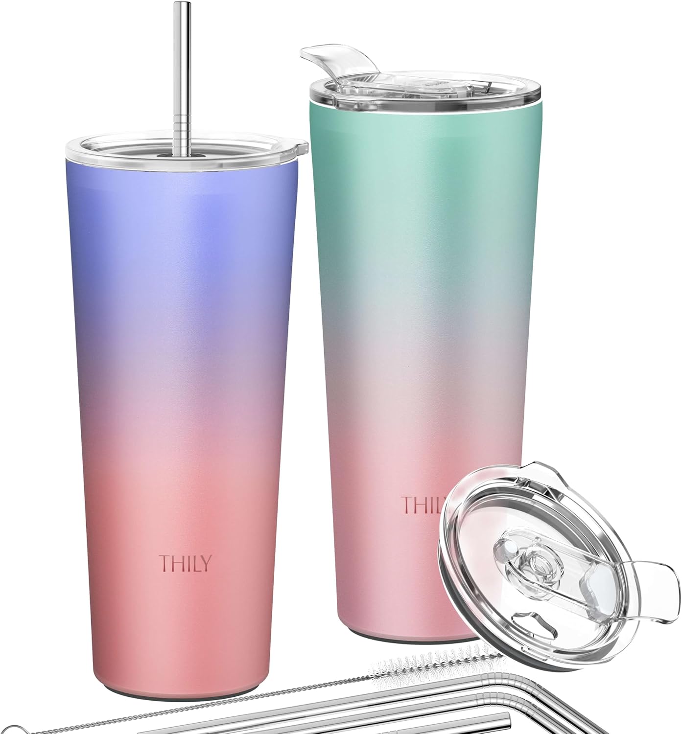 THILY Stainless Steel Vacuum Insulated Tumbler 26 oz Triple-Insulated Travel Mug with Splash-Proof Lid, for Iced Coffee and Hot Beverage, 2 Pack, Candy Pink + Lavender Dream