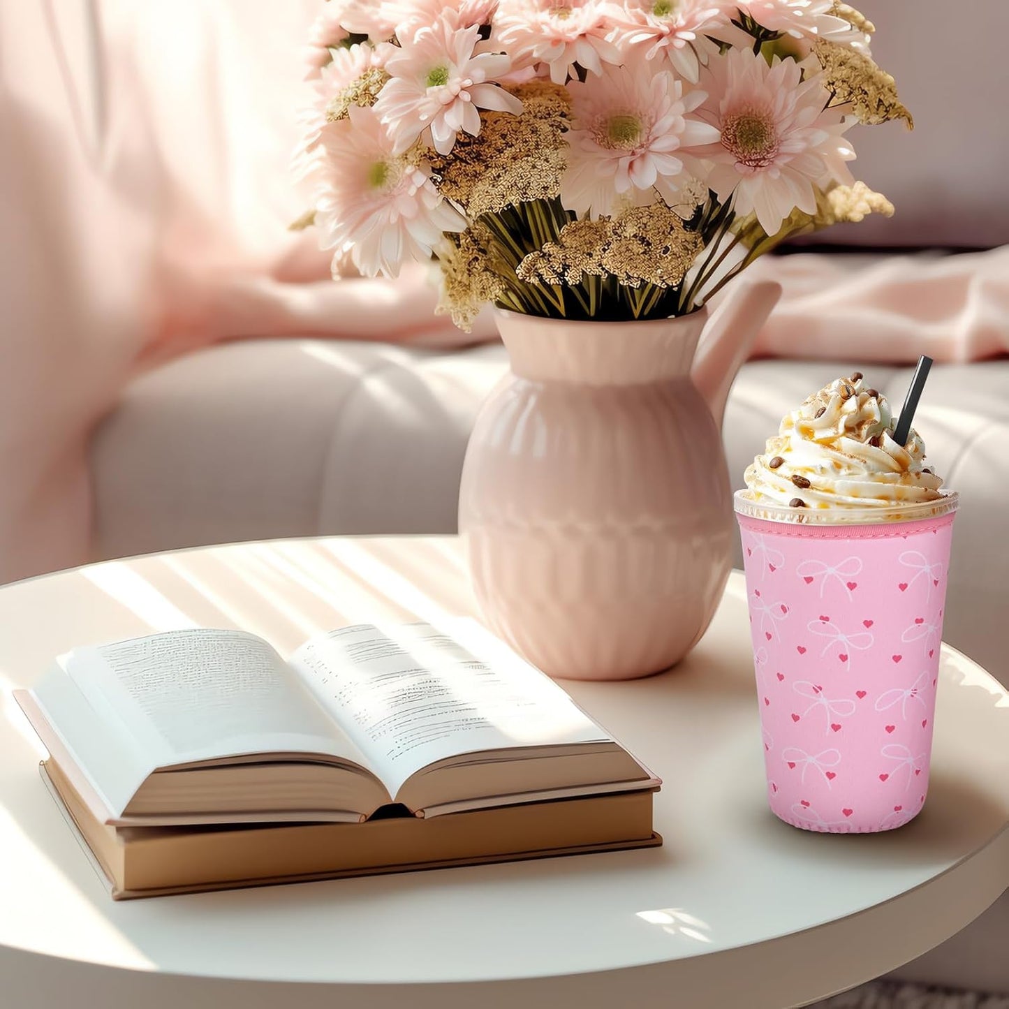 8 Pcs Reusable Sleeves for Iced Coffee Cup Pink Bow Cup Coolie Coquette Bow Reusable Coffee Insulator Sleeves Neoprene Insulated Holder for Iced & Hot Drinks, 22-24 oz