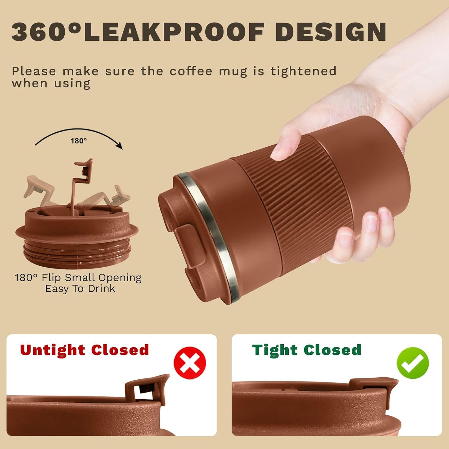 Vacuum-Insulated Stainless Steel Travel Coffee Mug, Leak-Proof Reusable Coffee Cup with Lid - Keep Hot & Cold Drinks for Hours, Durable Thermos Tumbler for Men & Women (3rd-Light Coffee, 17OZ)