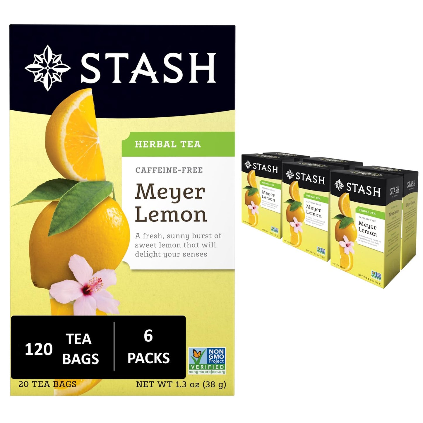 Stash Tea Meyer Lemon Herbal Tea, 6 Boxes With 20 Tea Bags Each (120 Tea Bags Total)