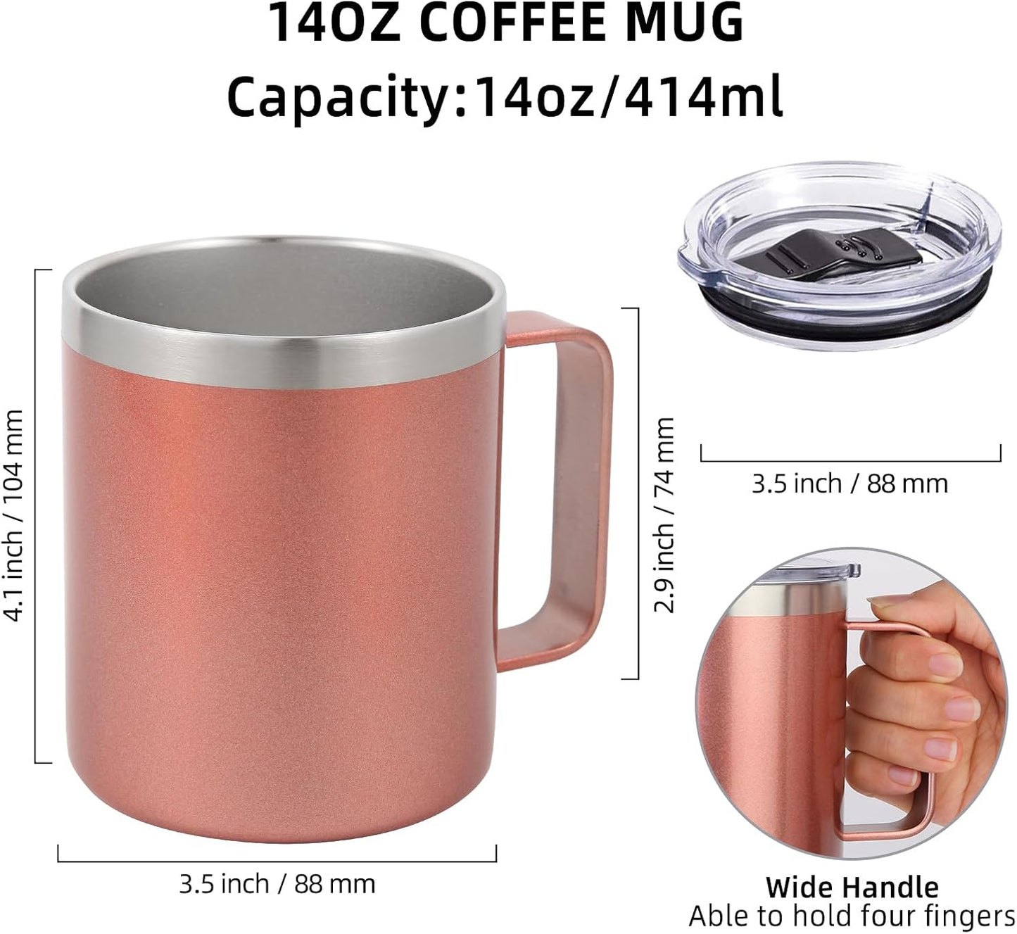 Volhoply 14oz Insulated Stainless Steel Coffee Mug with Lid Bulk 4 Pack,Double Wall Vacuum Travel Coffee Cup with Handle,Reusable Cups Tumbler Cup,Camping Mugs Keep Hot,Ideal Gifts(Rose Gold,4)