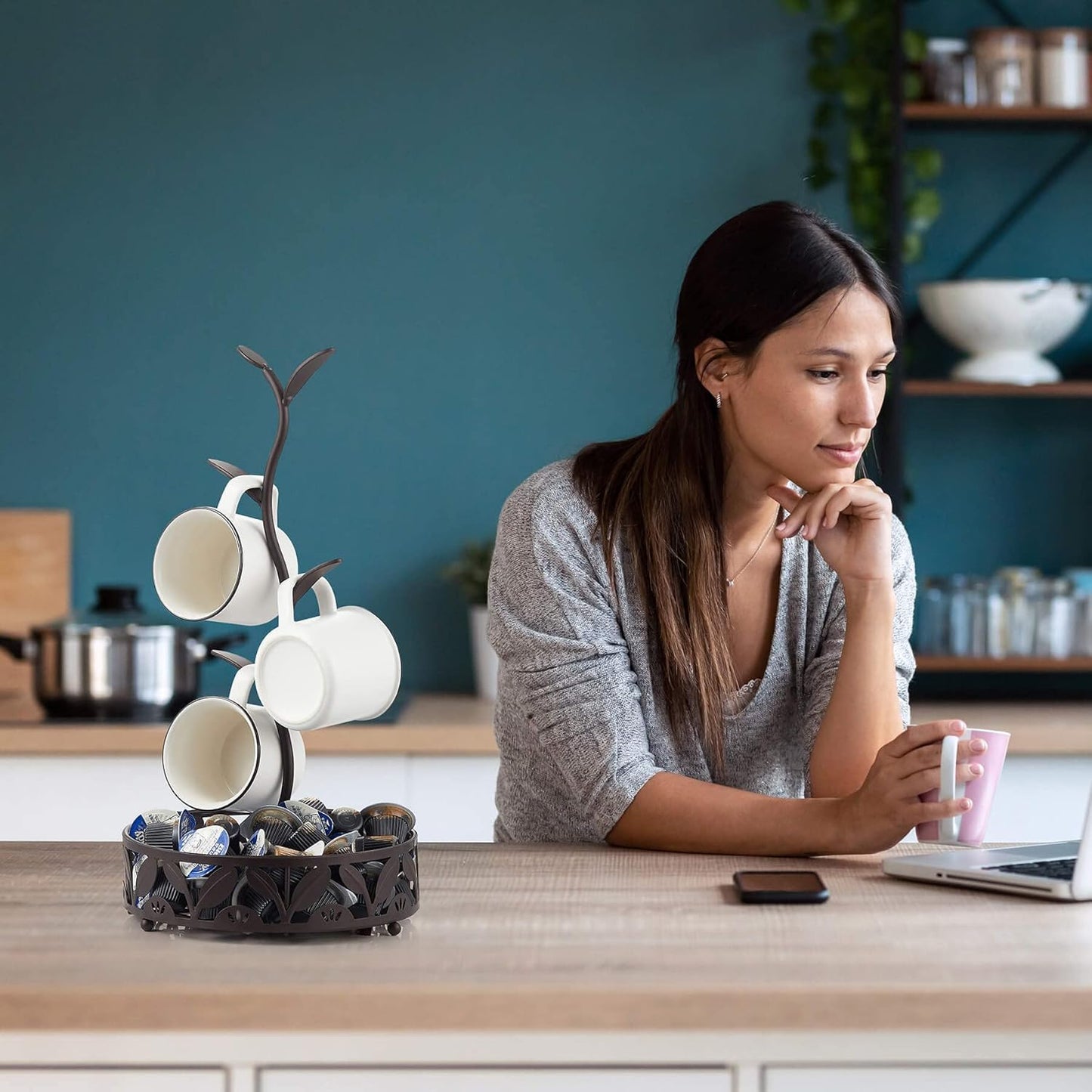 Mug Holder Stand, Countertop Mug Tree, Coffee Pod Holder with Mug Rack, Coffee Counter Bar Accessory & Kitchen Organizer