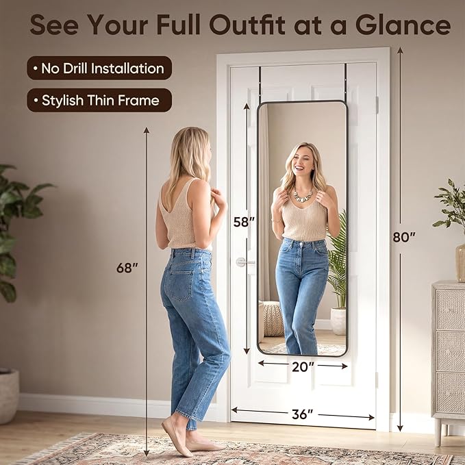 Antok 58"x20" Over the Door Mirror, Full Length Mirror Door Hanging - Image 2
