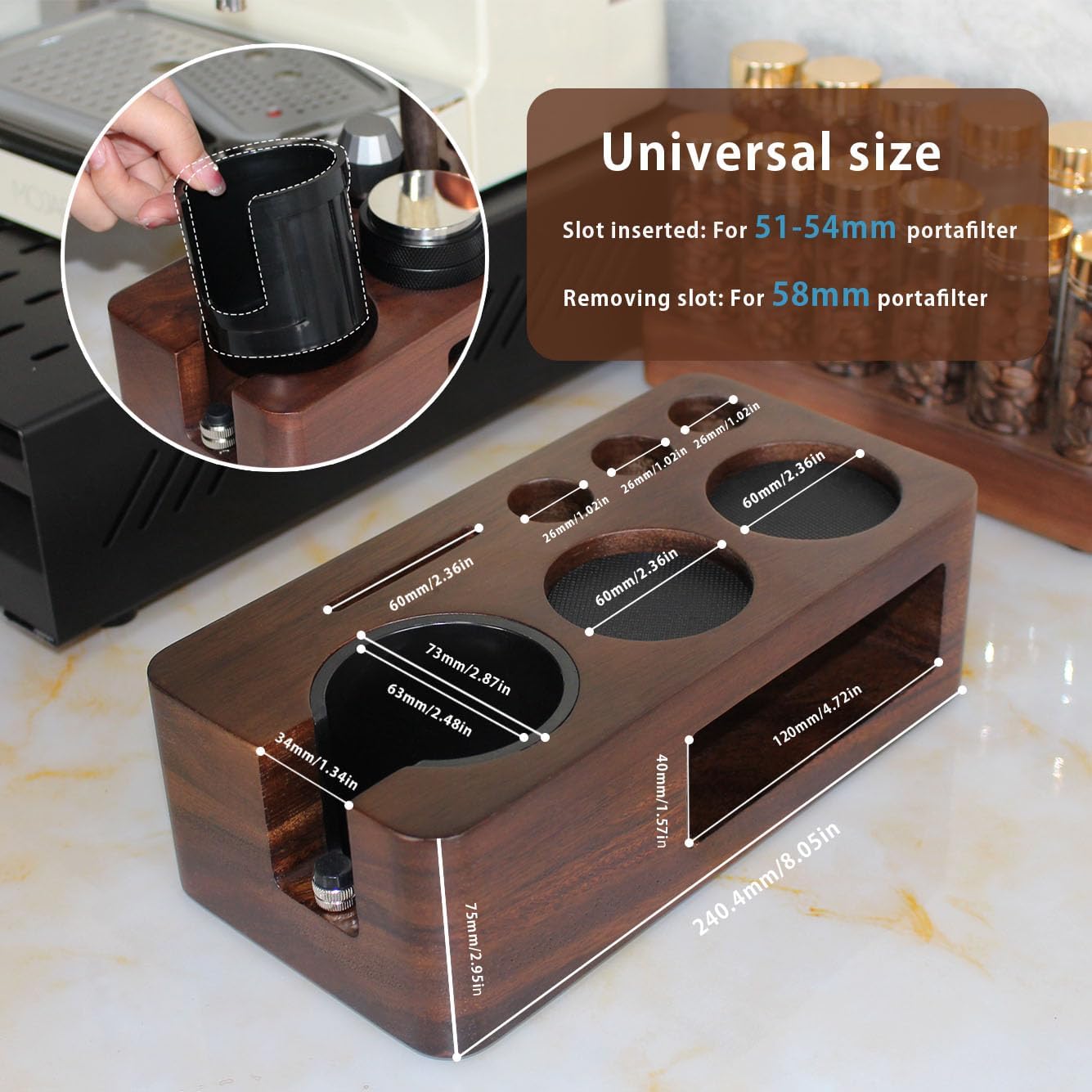 Espresso Tamping Station,Multifunctional Tamping Station,Non-slip Tamper Station,Espresso Station fit for storage 51-58mm Tamper Distributor Portafilter,Walnut Tamper Holder,Coffee Portafilter Holder
