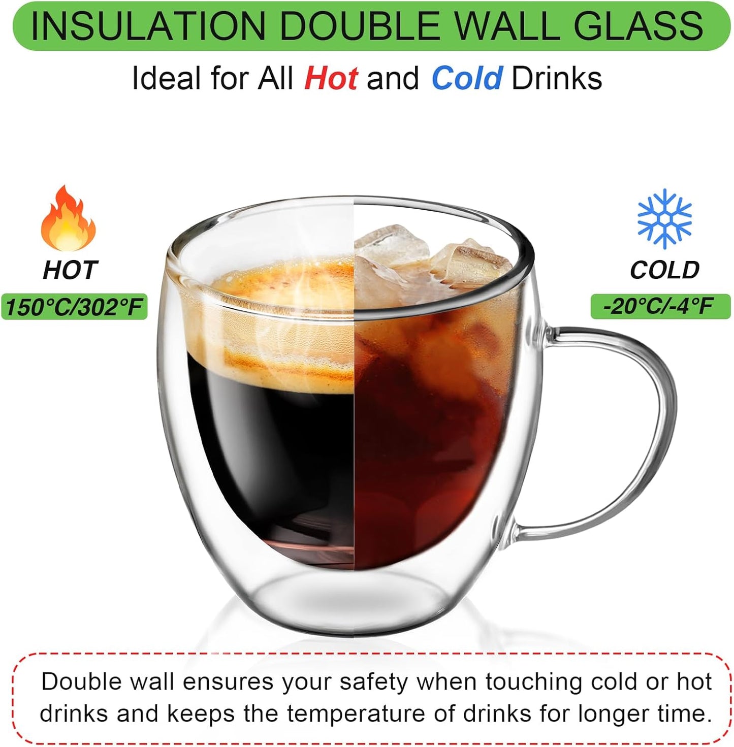 Glass Coffee Cups Set of 2, 8.5oz Double Walled Glass Mugs with Handles, Clear Insulated Coffee Mug Espresso Cups, Cappuccino Latte Tea Cups Set, Heat Resistant Borosilicate Clear Glasses