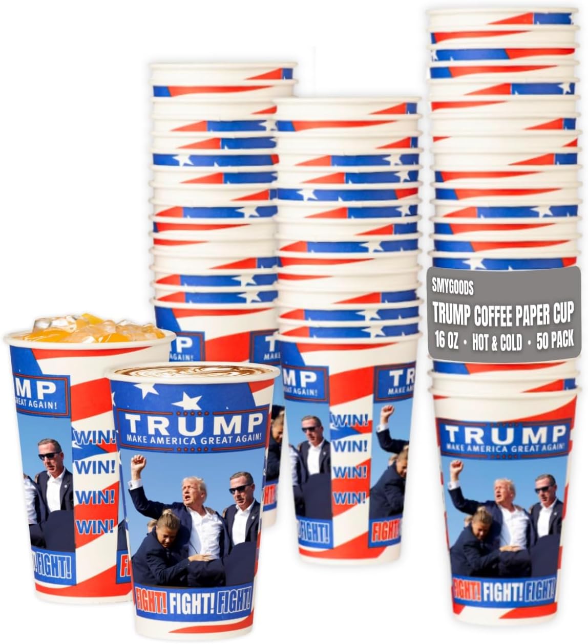 Smygoods Trump Design Disposable Paper Coffee Cups (16 OZ, 50 Count) For Hot Beverages, Tea, Espresso, Cocoa - To Go Drink Containers, Café & Office