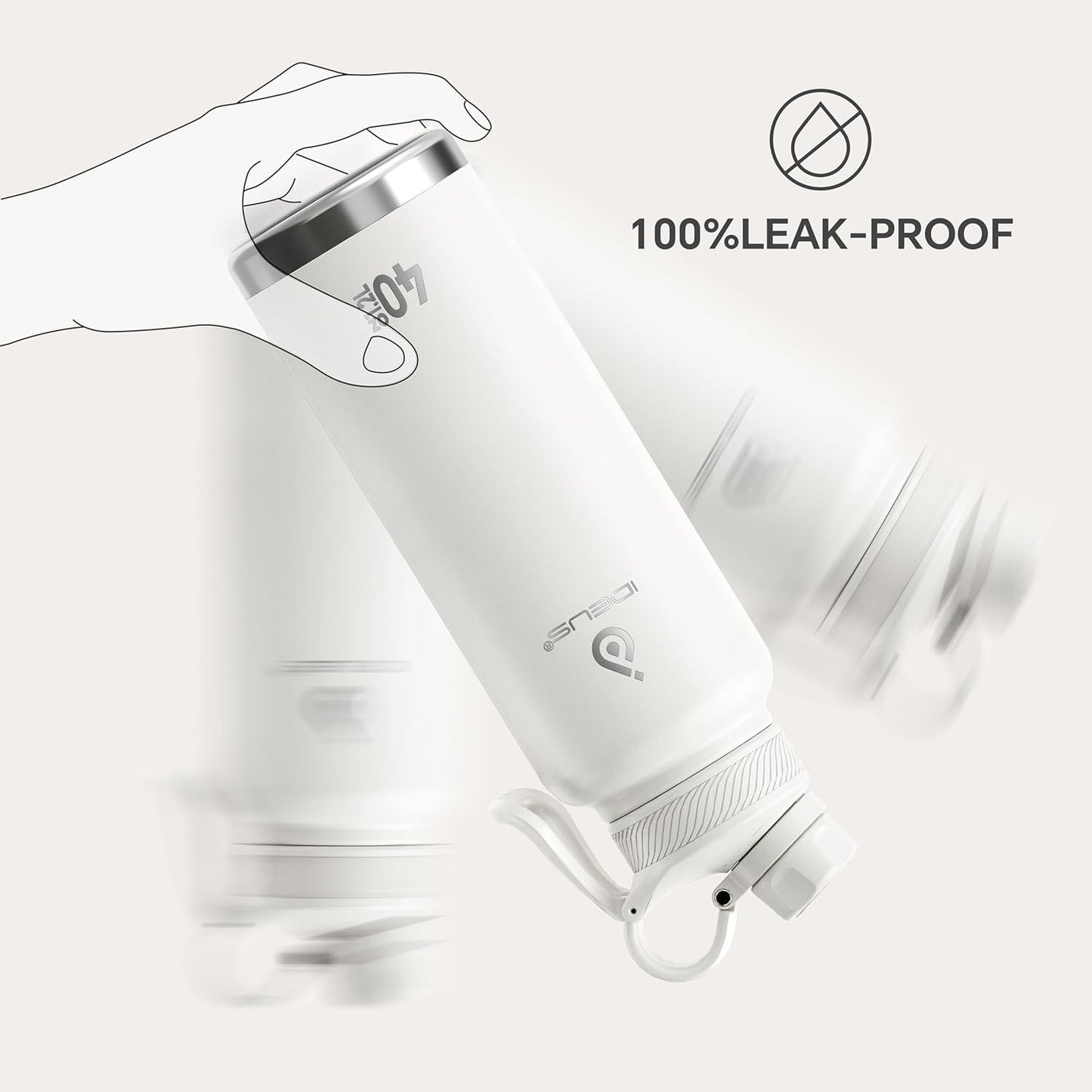 IDEUS Insulated Stainless Steel Water Bottle with 2 Leak-Proof Lids, Thermal Water Flask for Hiking Biking, 40oz, White