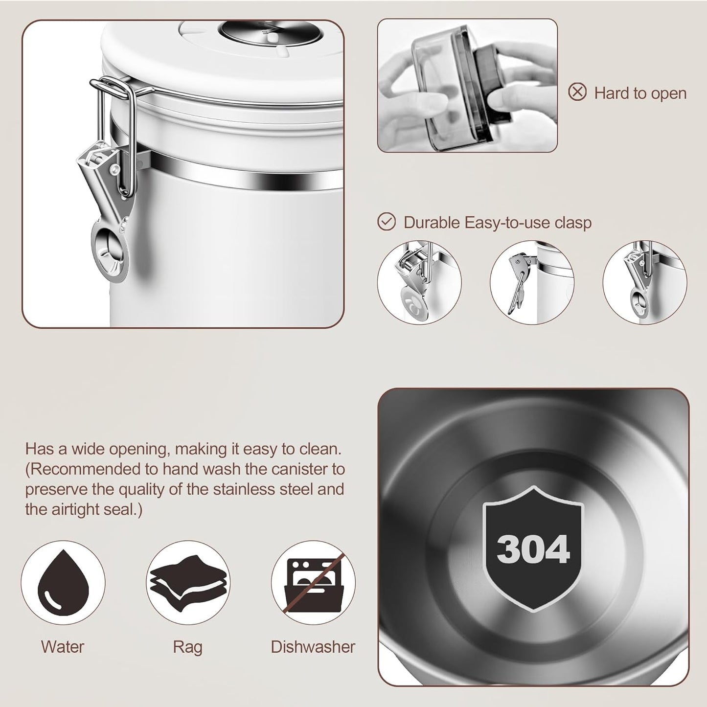 ShanSon Coffee Canister Airtight Stainless Steel Container,Home Kitchen Food Storage Organizers for Beans,Tea,Sugar,cookie,Flour,Cereal,11OZ+16OZ,White