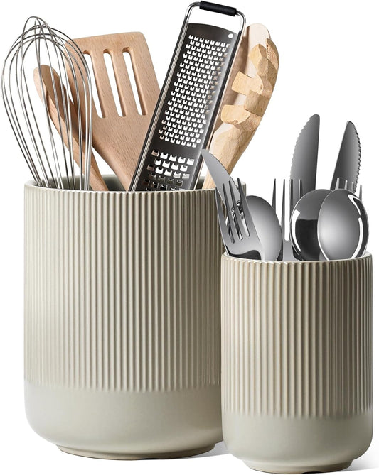 LE TAUCI Utensil Holder, 7.3"+5.4" Ceramic Kitchen Utensil Holder for Countertop, Large Cooking Utensil Crocks for Kitchen Counter, Morden Utensil Organizer for Spatula, Set of 2, Oatmeal Greige