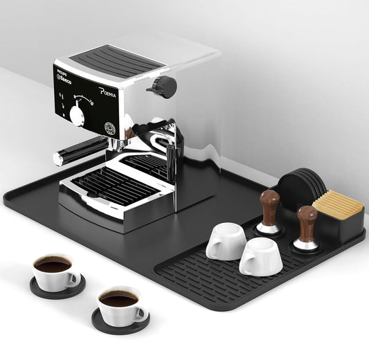 24''x16'' Silicone Coffee Mat with 6PCS Coasters,Counter Bar Mat with Detachable Dish Drying Mat for Kitchen Countertops,Coffee Bar Accessories (Black, 24 x 16 inches)