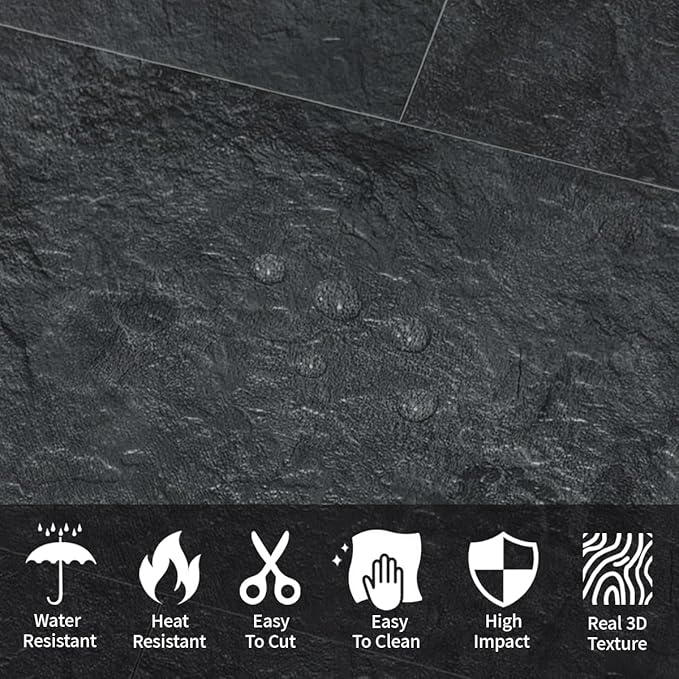 AULIGET 6" x 12" Black Slate Peel and Stick Backsplash Wall Tiles, PVC Faux - Image 2