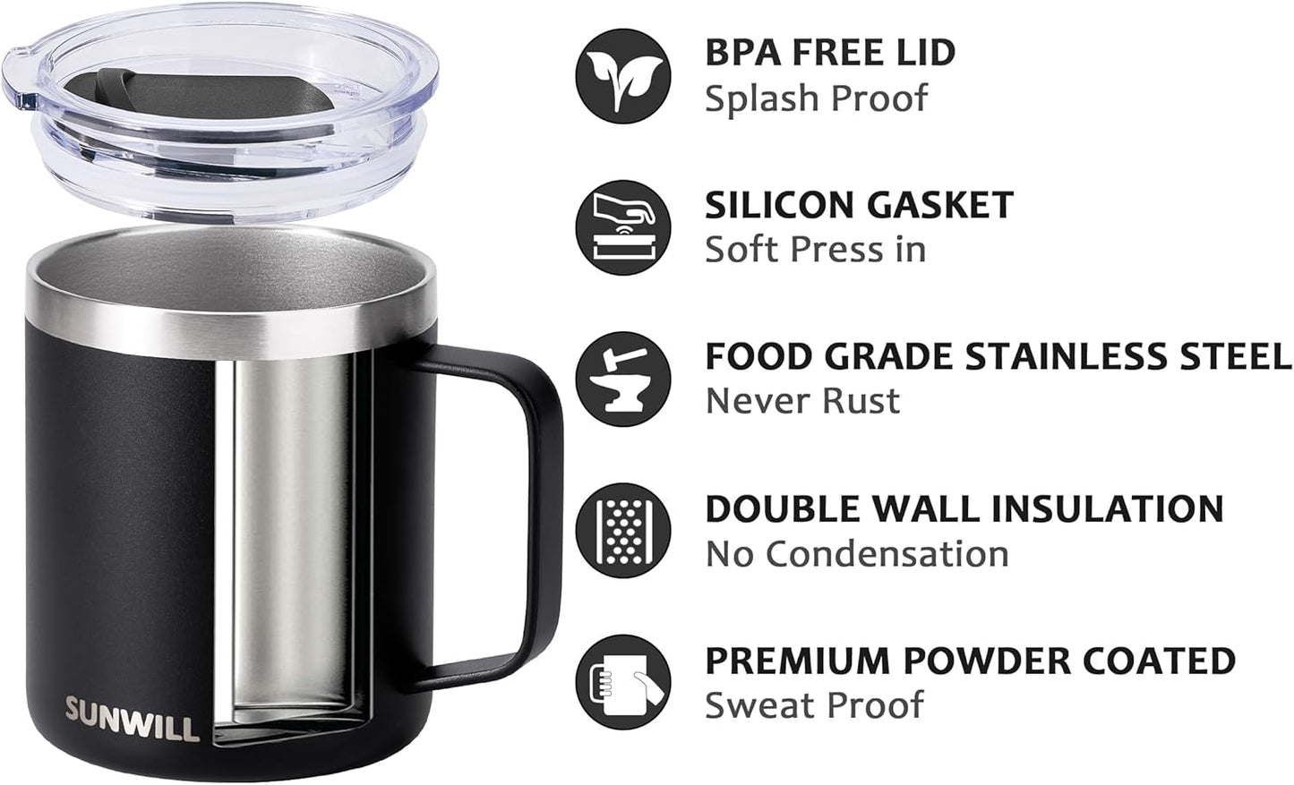 SUNWILL Travel Coffee Mug with Lid, Insulated Tumbler with Handle, 14oz Stainless Steel Cup for Camping, Outdoor, Powder Coated Black
