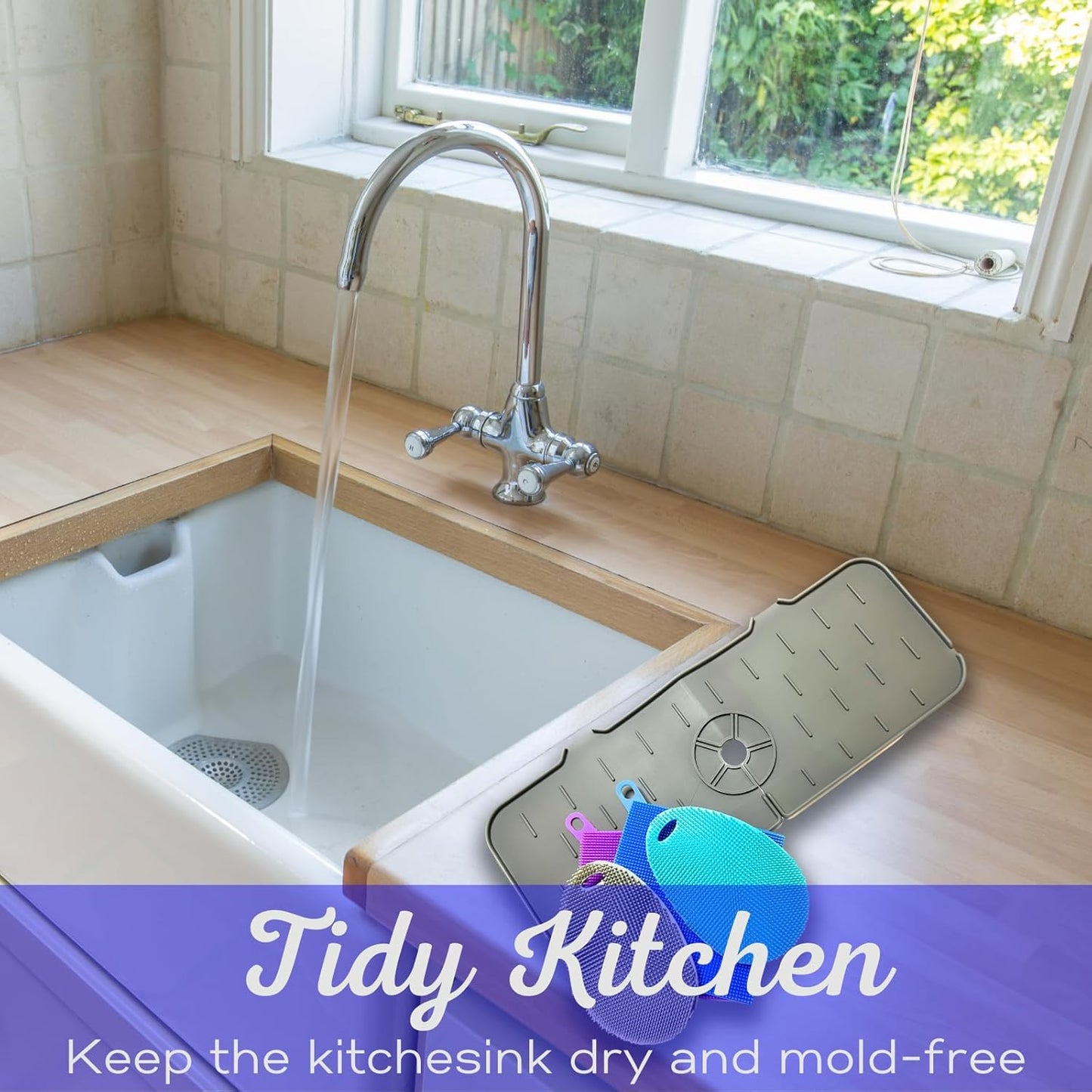 Faucet Mat for Sink - Silicone Scrubber Dish Set, Splash Guard, Food Grade BPA Free Kitchen Scrubber