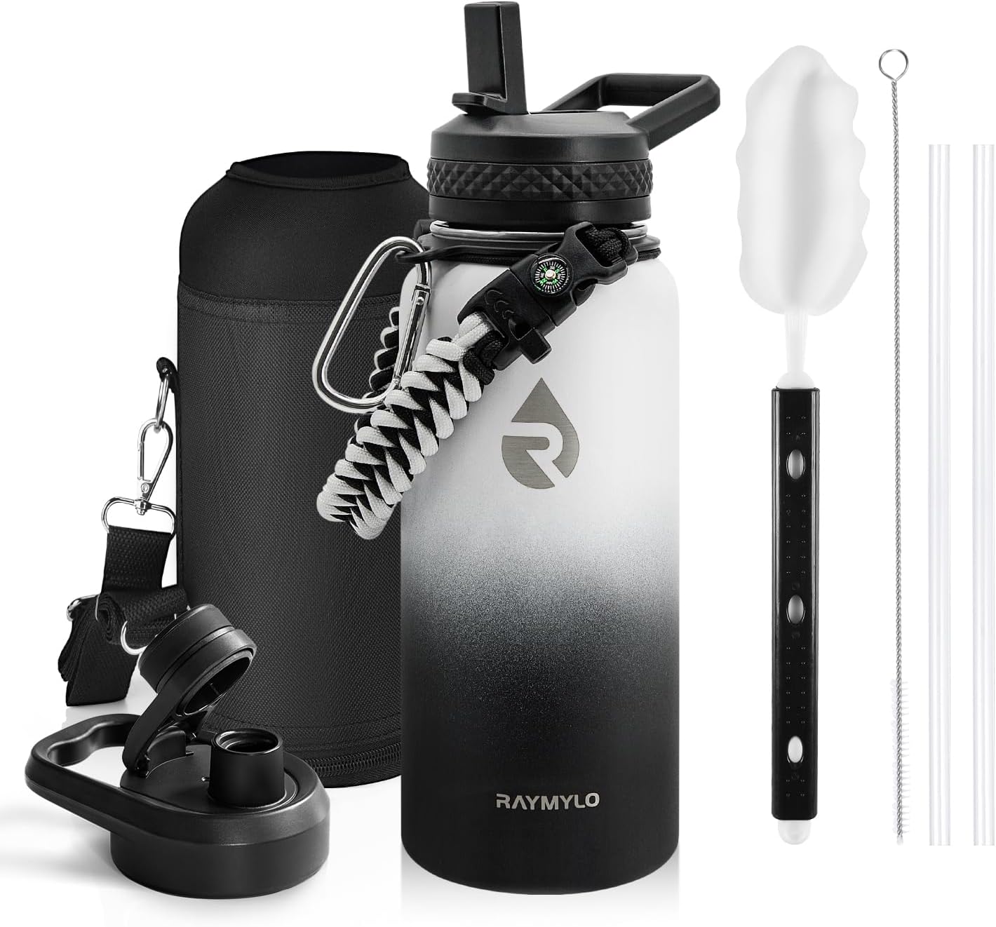 Insulated Water Bottle 32 oz, Triple Wall Vacuum Stainless Steel (Cold for 48 Hrs), Leak Proof & Non-BPA, Modern Water Flask Jug with Paracord Handle & Straw Spout Lids, Ombre: White/Black
