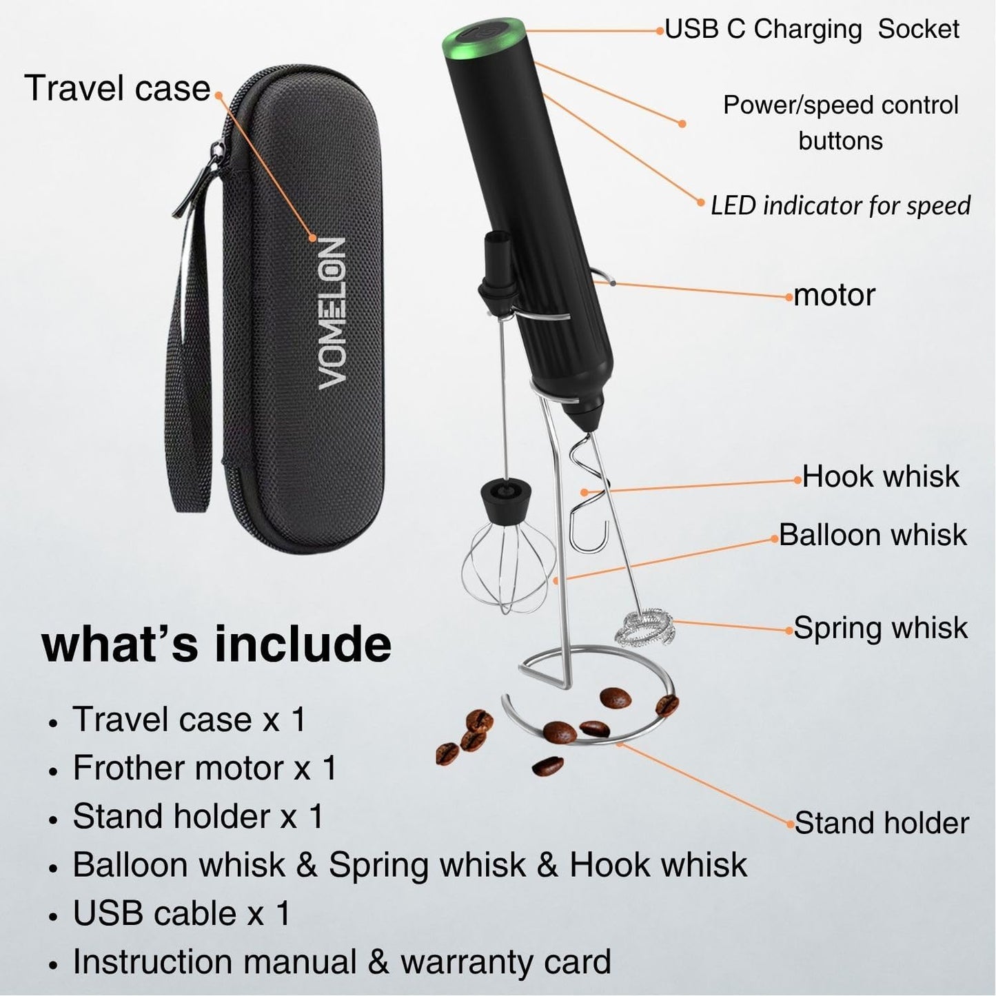 Milk Frother Handheld,3-Speed Rechargeable Coffee Foamer Drink Whisk with 3 Stainless Steel Heads Electric USB C Whisk for Coffee, Latte, Cappuccino, Hot Chocolate, Protein,Egg light Black