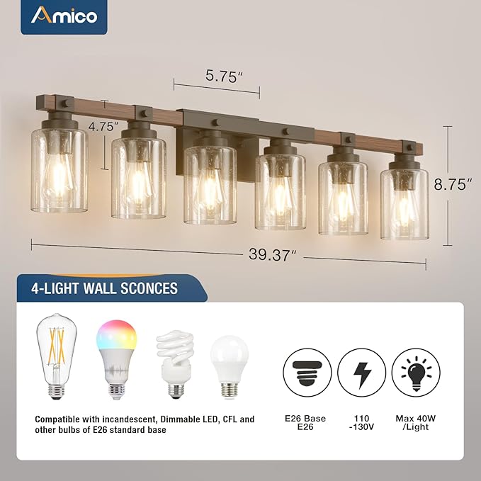 Amico Farmhouse Bathroom Vanity Light Fixtures, Rustic 6-Light Industrial - Image 9