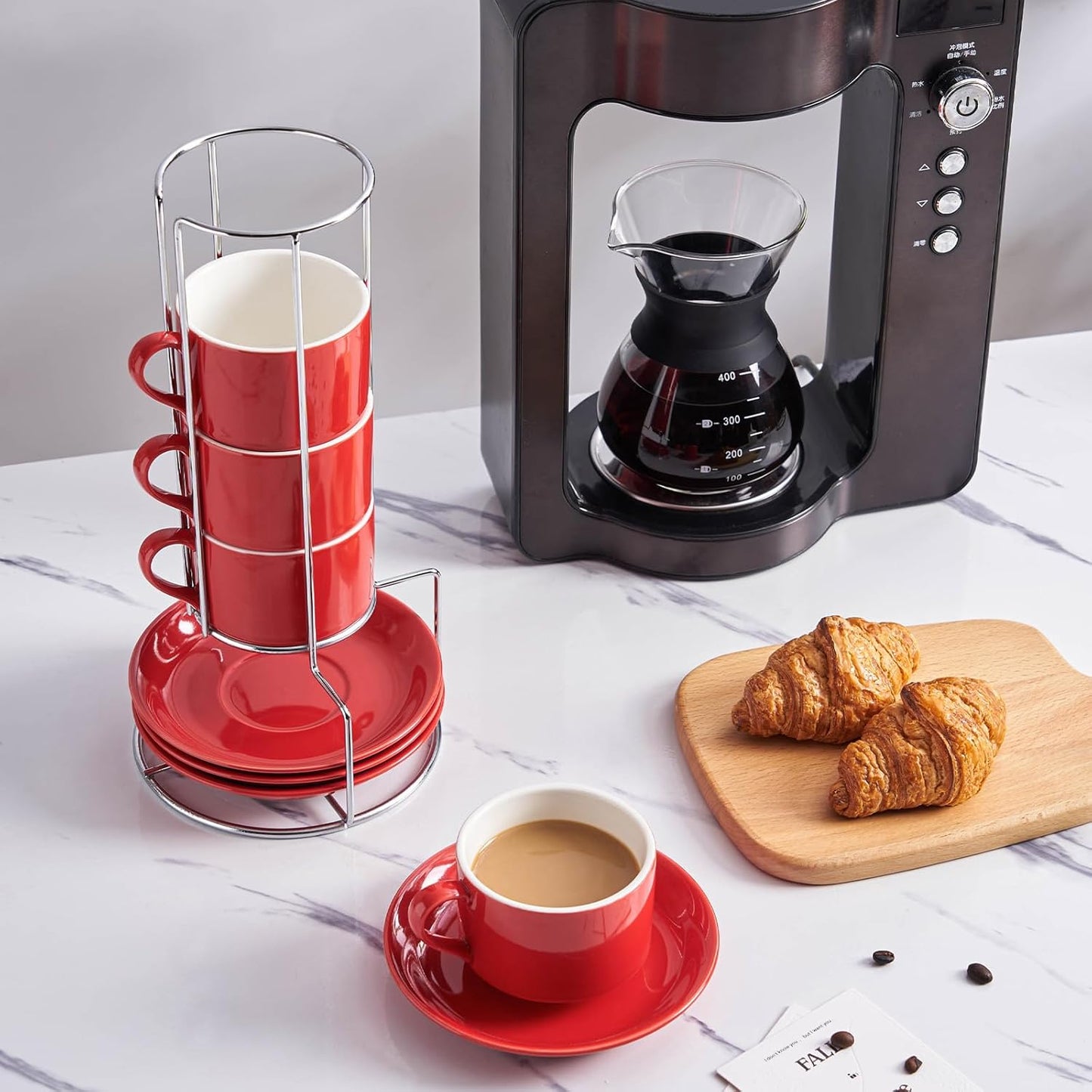 8 Ounce Porcelain Cappuccino Cups with Saucers and Silver Stand, Red Cups Set of 4