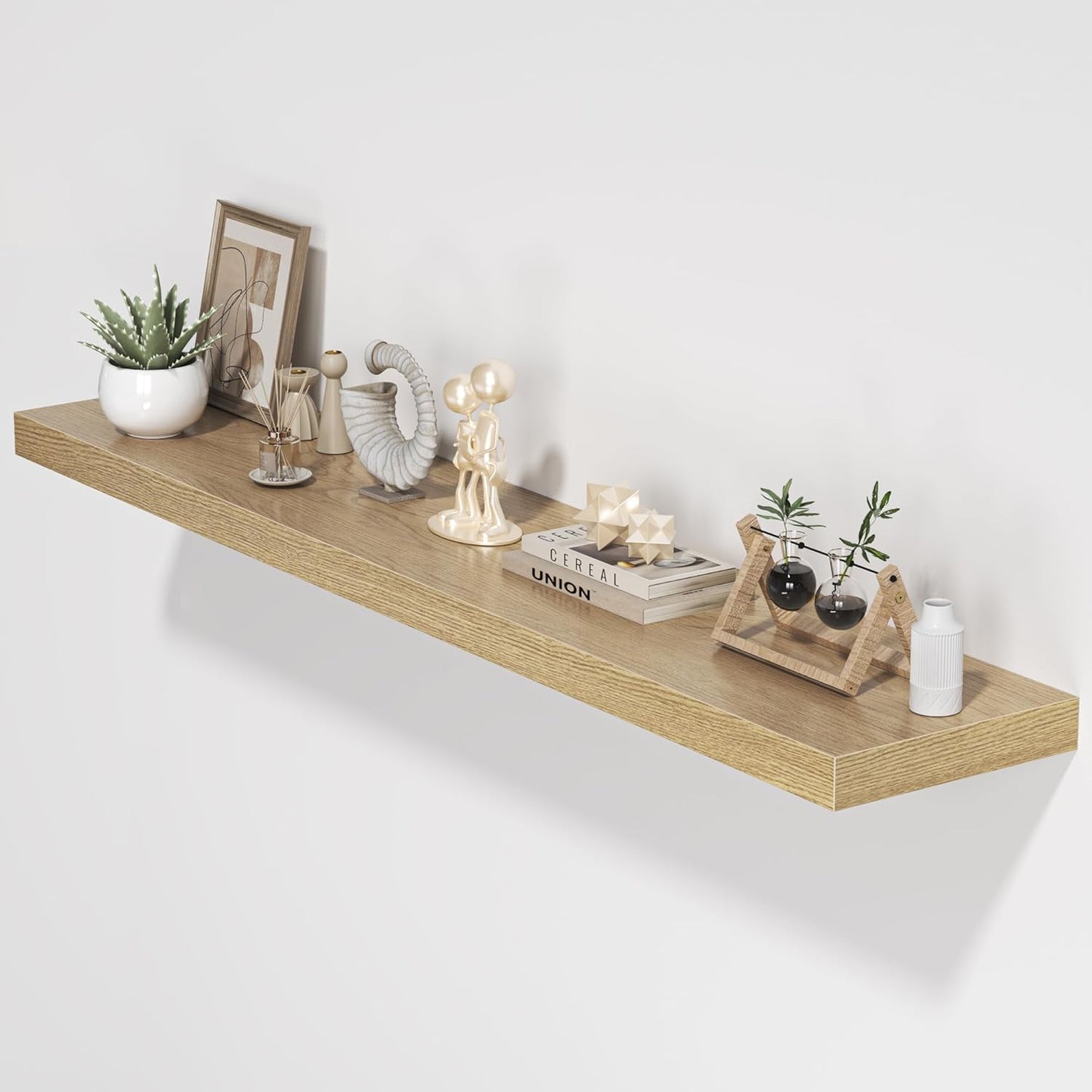 Floating Shelves for Wall, 55"W x 9.3"D x 1.5"H, Long Wooden Wall Mounted Display Shelves with Invisible Brackets for Living Room, Bedroom, Bathroom, Kitchen Decor and Storage, Set of 1, Oak