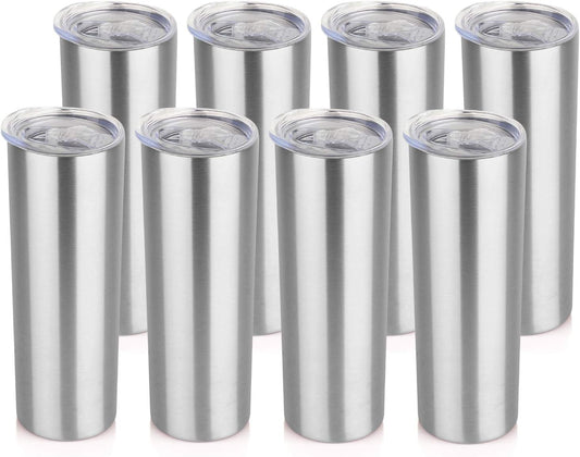 HASLE OUTFITTERS 20 oz Skinny Tumblers Bulk Set, Stainless Steel Insulated Slim Tumblers with Lids Travel Water Cups(Stainless Steel, 8)
