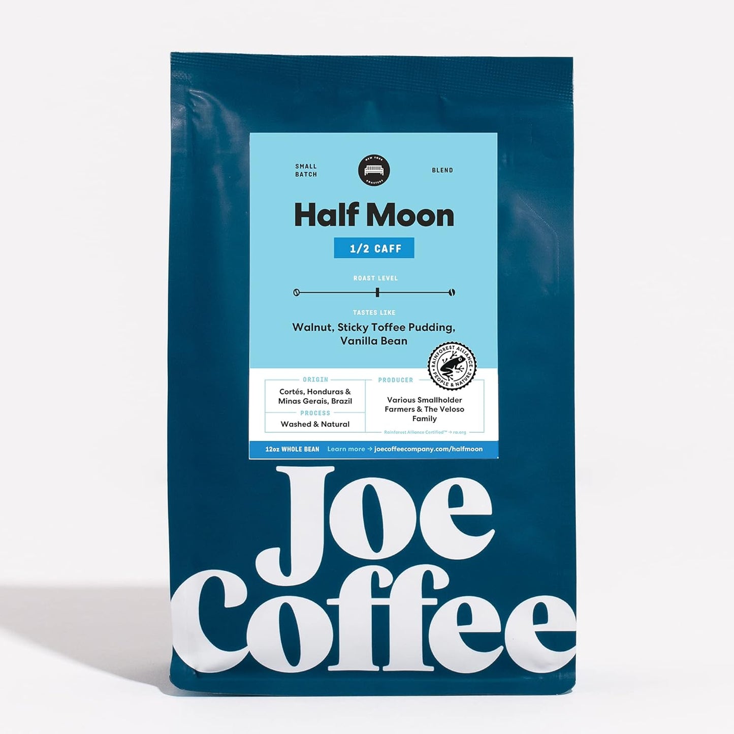 Joe Coffee Company, Half Decaf Half Regular Coffee Beans, Medium Roast, Chemical Free Decaffeination Process, Whole Bean, 12 oz Bag