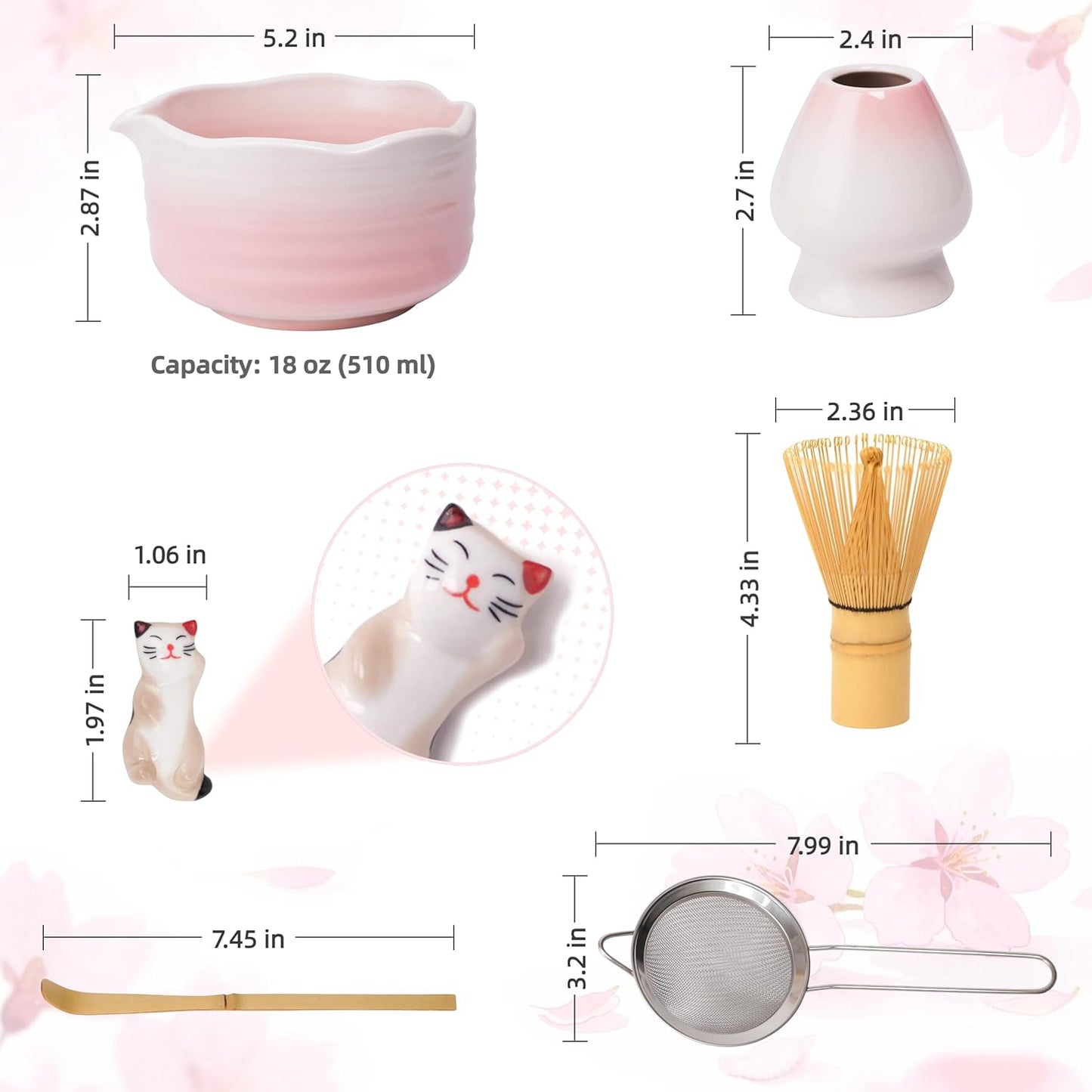 Pink Matcha Whisk Set, 6 Pcs Matcha Kit Includes Pink Matcha Bowl with Spout, Macha Whisk & Holder, Tea Scoop, Stainless Sifter, Cat Scoop Rest, Unique Macha Gifts for Women, Friend, Birthday