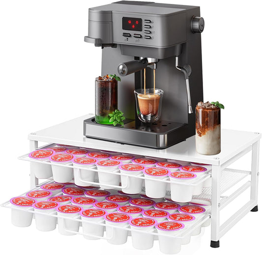 K Cup Holder Organizer for 70 Pods, 2-Tier Coffee Pod Holder for K-Cup with 2 Sliding Storage Drawers, Coffee Station Bar Organizer Accessories for Kitchen Countertop Home Office, White
