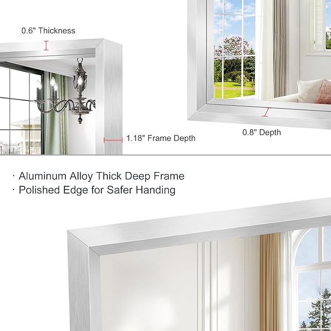 60"x40" Brushed Silver Bathroom Mirror, Large Rectangular Mirror - Image 6