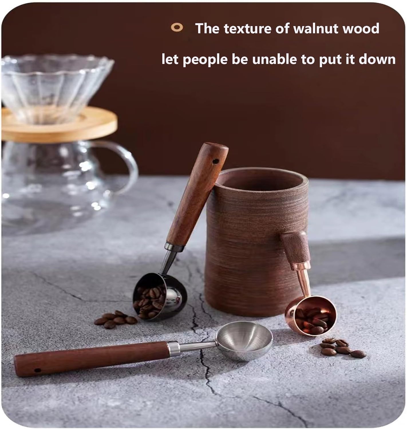 Vintage Coffee Measuring Spoon - 304 Stainless Steel, Coffee Scoop，10g Capacity, Walnut Handle - Perfect for Coffee, Tea, and More (Gunmetal (2 pcs))