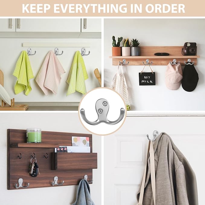 Homanu 10 Pack Coat Hooks, Heavy Duty Double Prong Coat Hooks Wall Mounted - Image 2